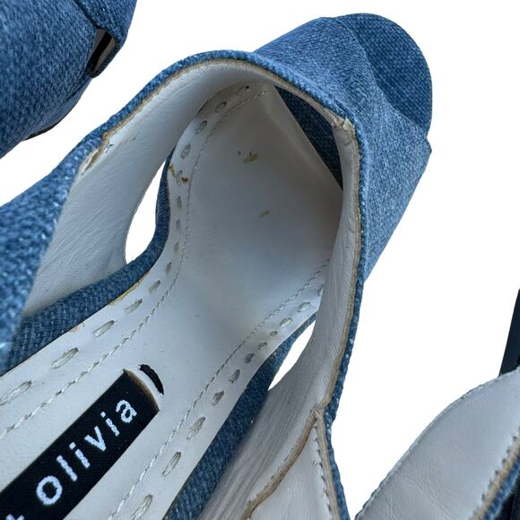 Alice + Olivia Women's Blue Denim Peep Toe Block Heel Ankle Buckle Sandals 38.5 - Picture 10 of 11